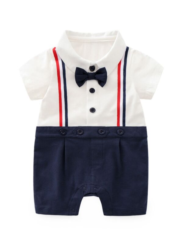 Baby Boy Fake Two Pieces Bowtie Trim Romper