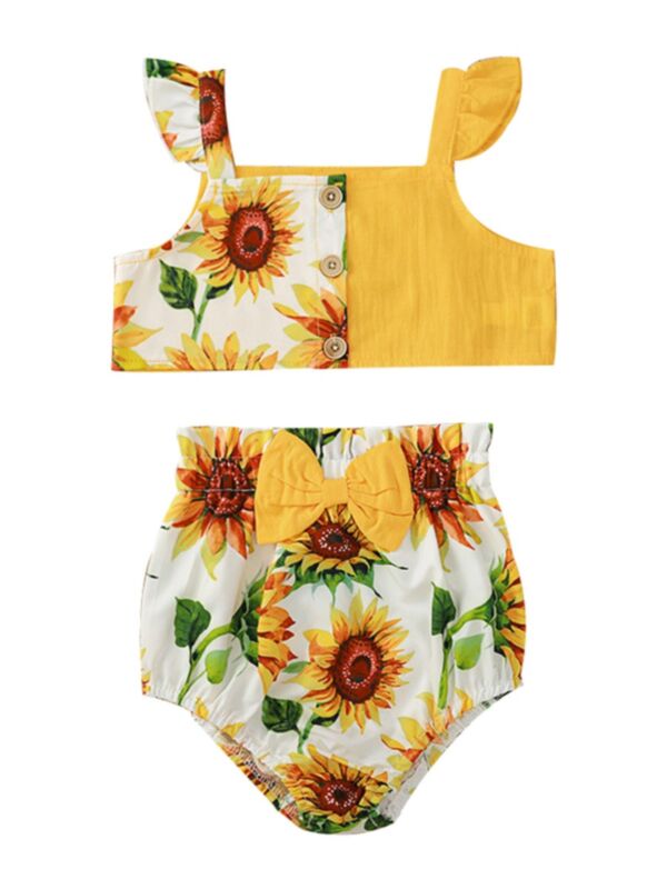 Two Pieces Baby Girl Sunflower Print Cropped Tank Top And Bow Shorts Set