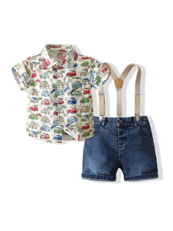 2 Pieces Kid Boy All-over Car Print Shirt And Denim Overall Shorts