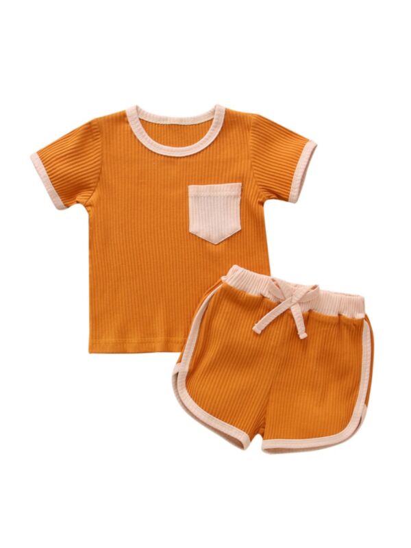 Two Pieces Set Toddler Ribbed Plain Pocket Top With Shorts 210421154
