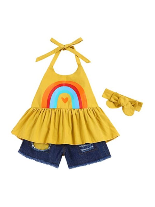 Three Pieces Kid Girl Set Rainbow Halter Neck Top & Distressed Denim Shorts & Headband 210421878