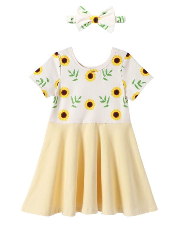 2 Pieces Kid Girl Sunflower Print Hit Color Dress And Headband
