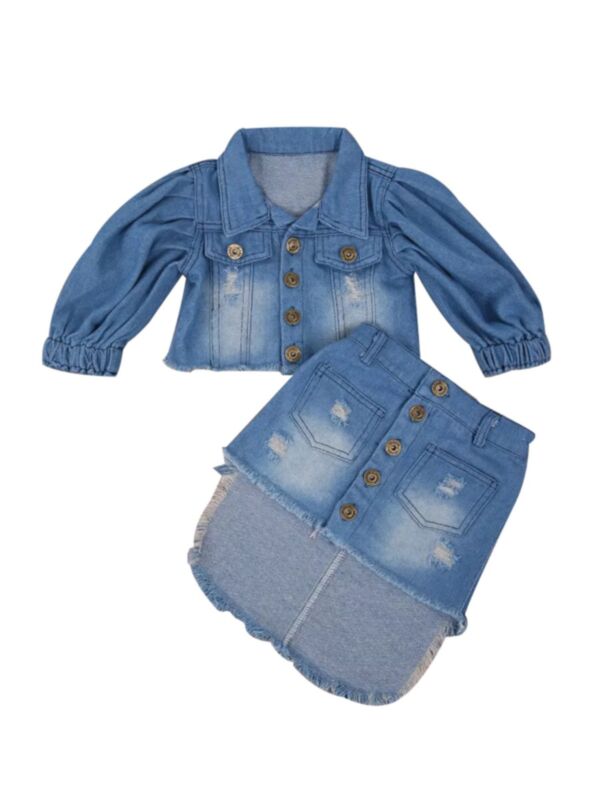 Two Pieces Kid Girl Denim Set Jacket With Fringed Hi Lo Hem Skirt 210422364