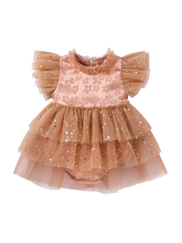 Baby Girl Floral Sequins Star Tiered Layered Mesh Bodysuit Dress