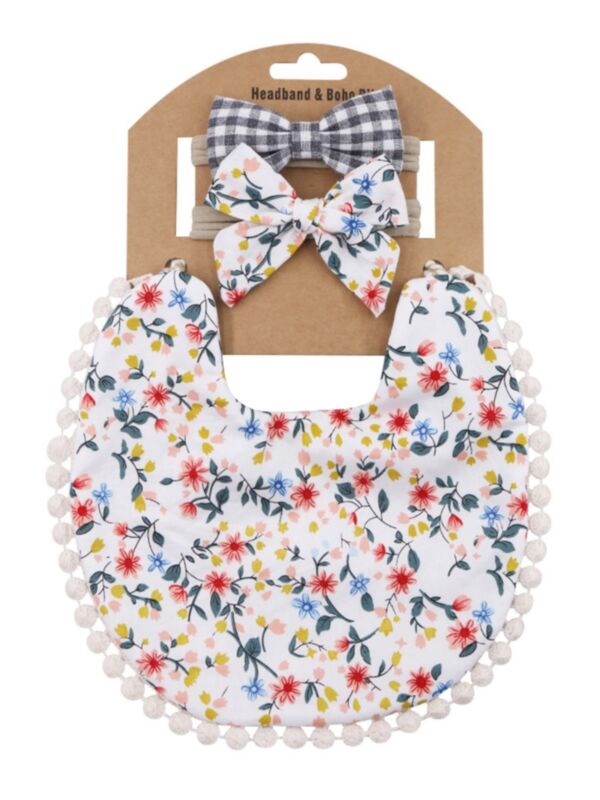 3 Pack Floral Printed Bib With Headband White