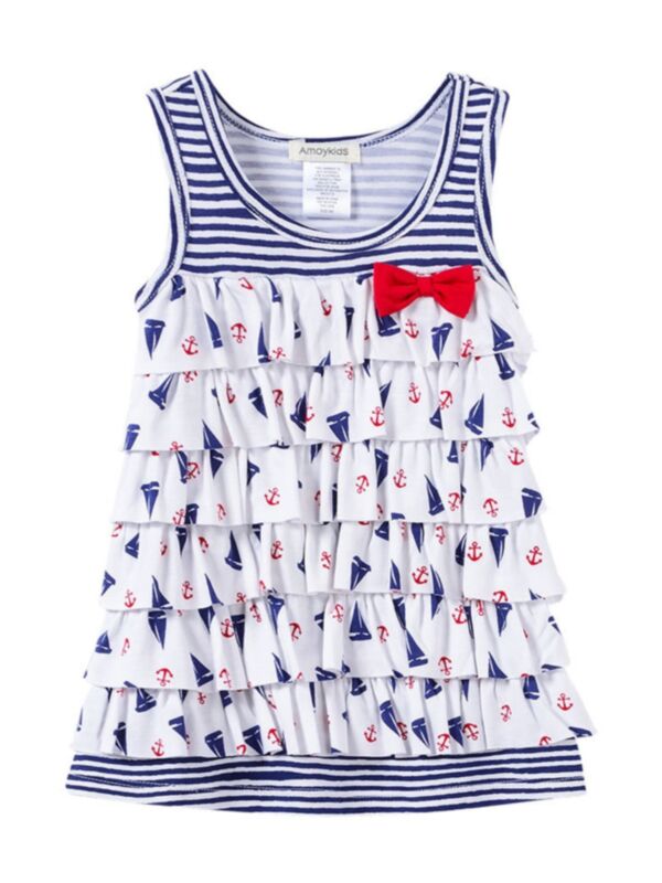 Baby Girl Print Bow Front Stripe Layered Tank Dress