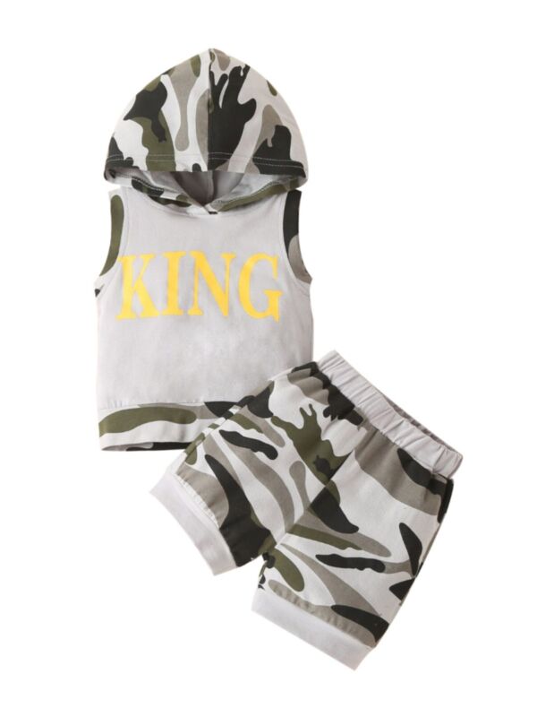 Two Pieces Kid Boy Camo Set King Print Tank Hoodie And Shorts 
