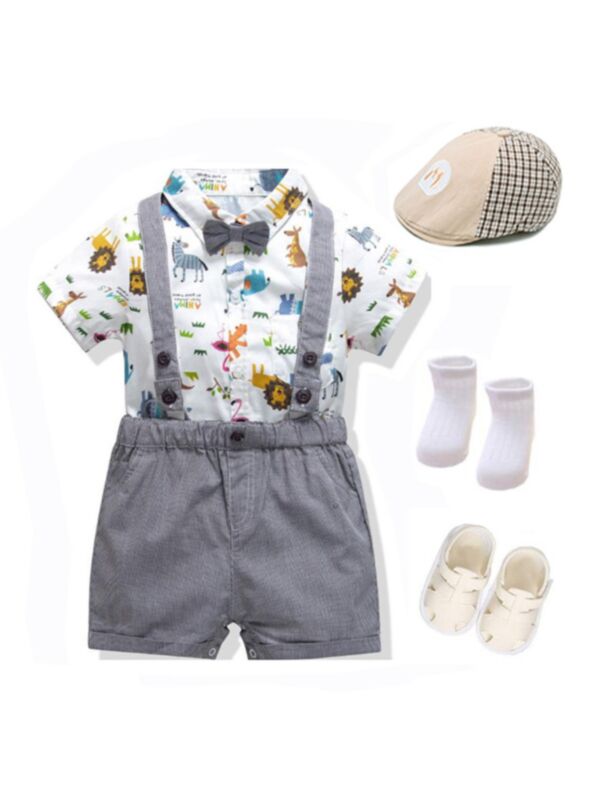Infant Boy Gentlemen Animals Print Set Bodysuit & Suspender Shorts & Hat & Socks & Sandals