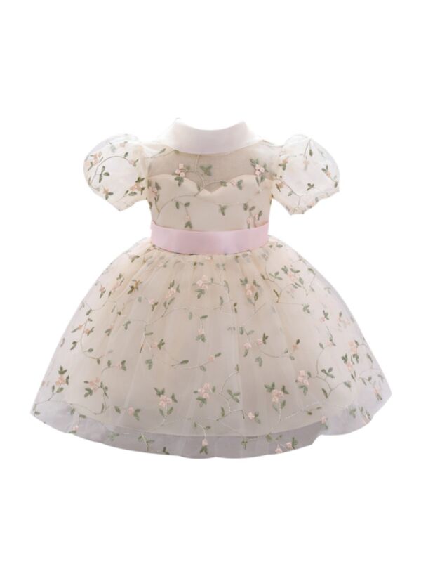 Kid Girl Embroidery Flower Puff Sleeve Party Dress