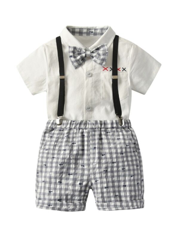 2 Pieces Kid Boy Formal Outfit Bowtie Decor Shirt With Plaid Suspender Shorts