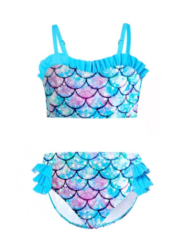 2 Pieces Little Big Girl Colorful Fish Scales Print Swimwear Bikini Set 