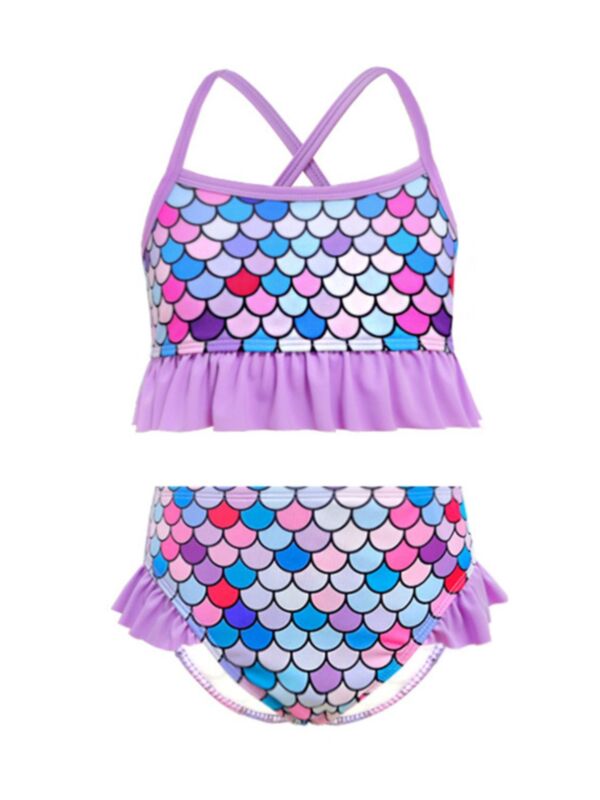 2 Pieces Kid Girl Gradient Fish Scales Print Swimsuit Set Halter Top And Shorts