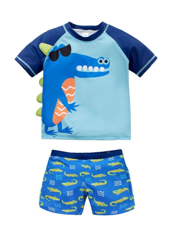 2 Pieces Kid Boy Crocodile Print Colorblock Top And Shorts Swimwear Set