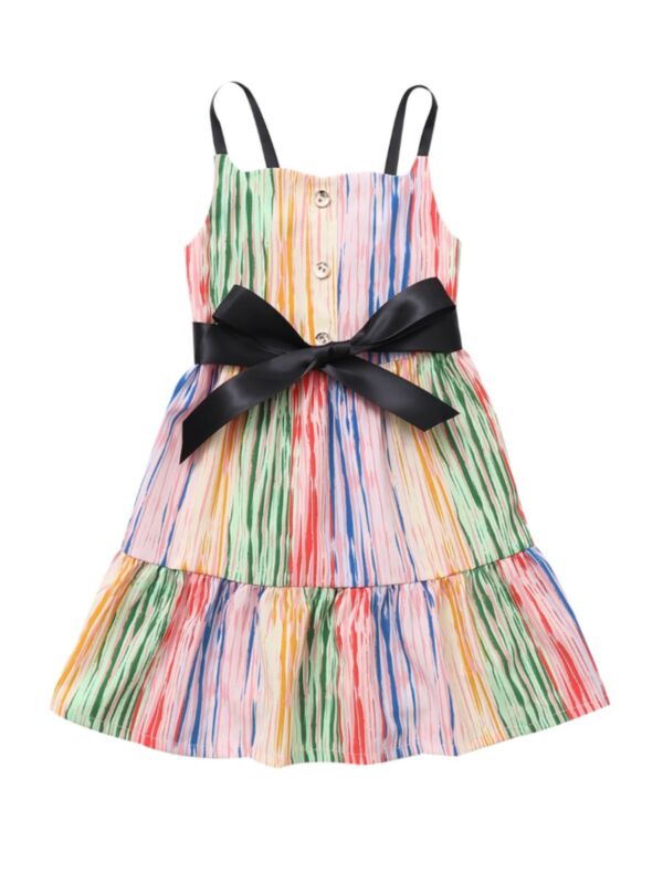 Kid Girl Rainbow Stripe Self Tie Sling Dress