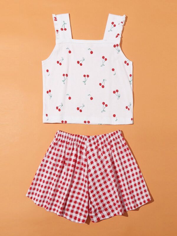 Two Pieces Girls Pajamas Sets Cherry Print Cami Top And Checked Shorts 210426463