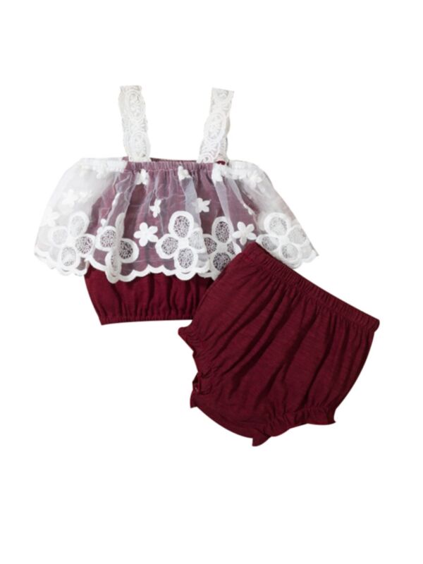 2 Pieces Baby Girl Lace Decor Cami Top And Ruffle Trim Shorts Set