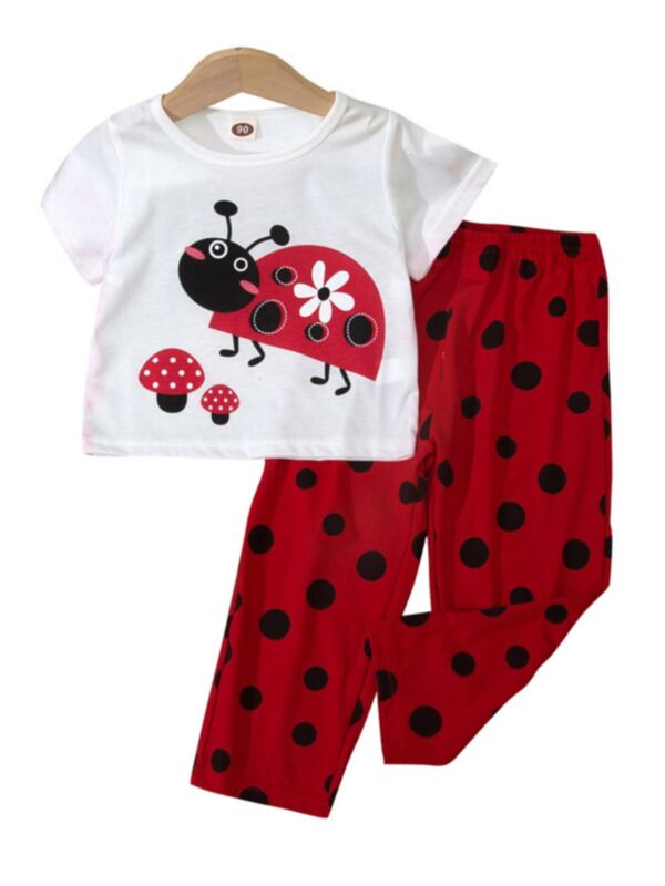Ladybird Print Girls Pajamas Set Top And Pants 210426555