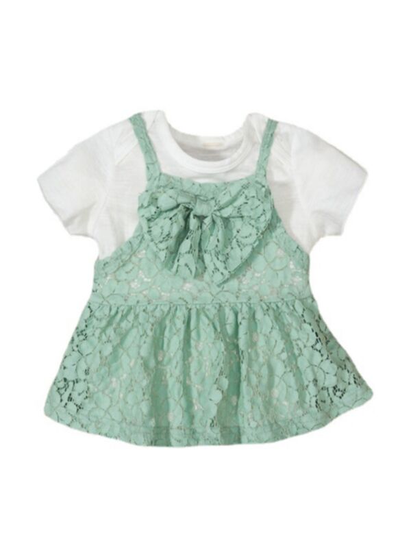 Two Pieces Baby Girl Solid Color Bodysuit With Lace Cami Dress Set
