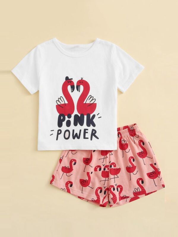 Two Pieces PINK POWER Swan Print Girls Loungewear Sets T-shirt And Shorts 210426949
