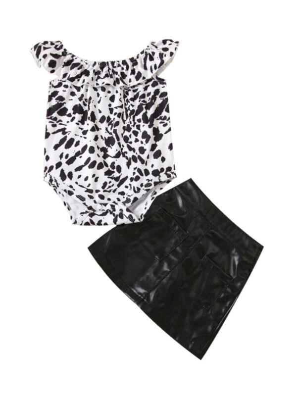2 Pieces Baby Girl Polka Dots Leopard Print Bodysuit With PU Skirt Set