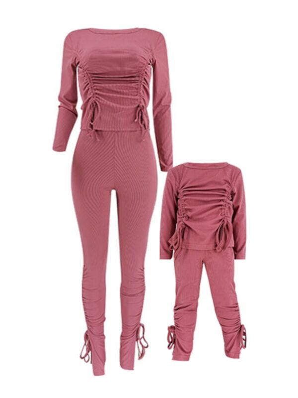 Solid Color Dual Drawstring Top And Pants Set Wholesale Mommy And Me Clothing