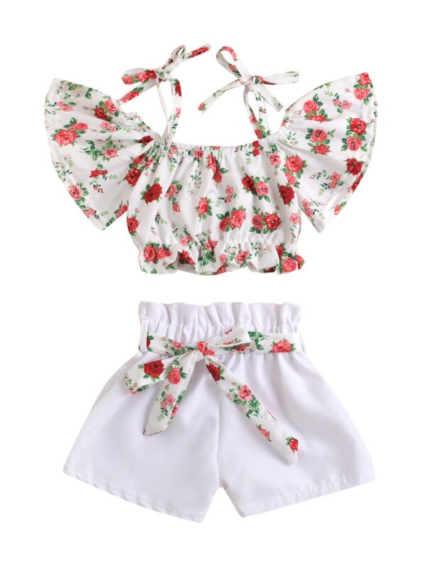 Two Pieces Little Girl Rose Print Flared Sleeve Cami Top And Belted Shorts Set