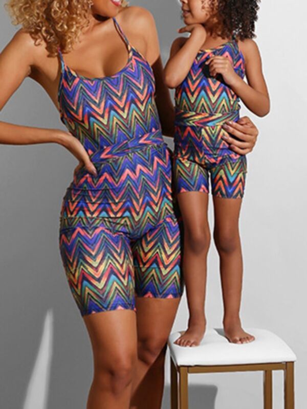 Mommy And Me Wave Pattern Print Halter Neck Romper Swimsuit 