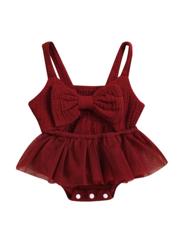 Baby Girl Bowknot Front Mesh Muslin Tank Bodysuit Dress