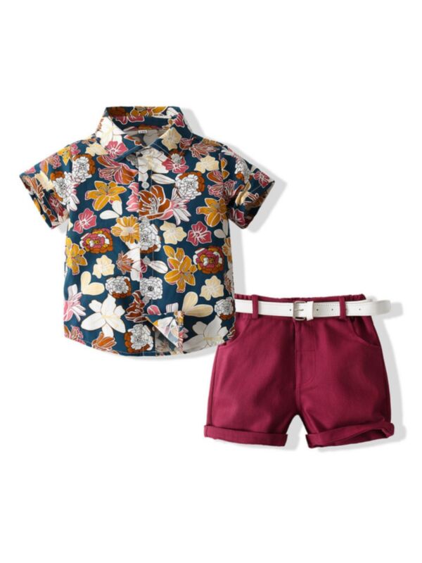 Boy Two-Piece Floral Print Shirt And Shorts With Belt Wholesale Boys Sets 210428975