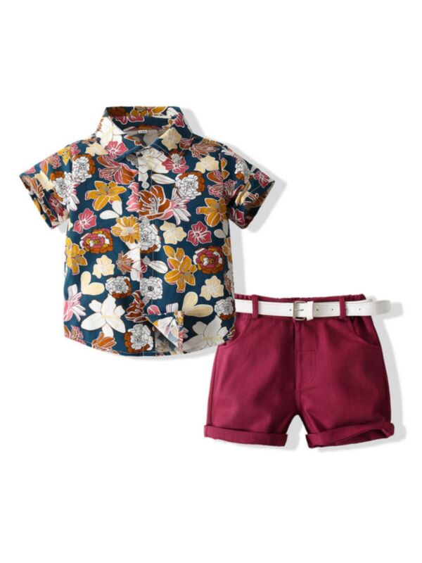 Boy Two-Piece Floral Print Shirt And Shorts With Belt Wholesale Boys Sets 210428975