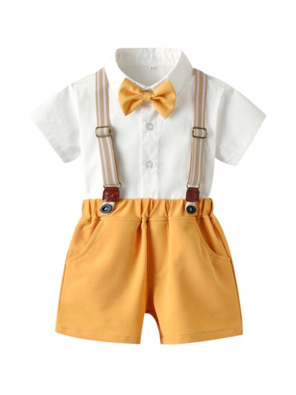 Two-piece Kid Boy Gentleman Set Short-sleeved Bow Tie Shirt With Suspender Shorts