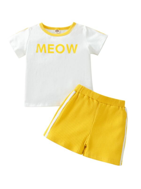2-piece Baby Girl Meow Top And Ribbed Shorts Set 
