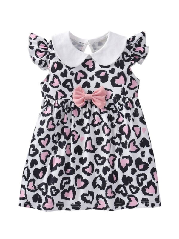 Baby Girl Contrast Collar Flutter Sleeve Bow Leopard Dress