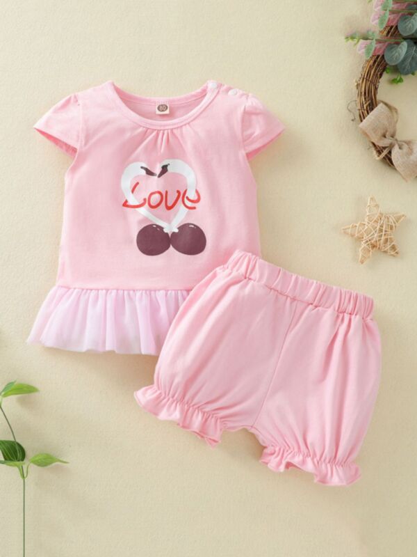 2 Pieces Baby Girls Sets Love Heart Cherry Ruffle Hem Top With Shorts 210429630