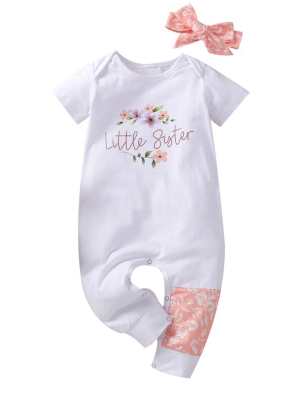 Baby Girl Little Sister Flower Print Jumpsuit With Headband