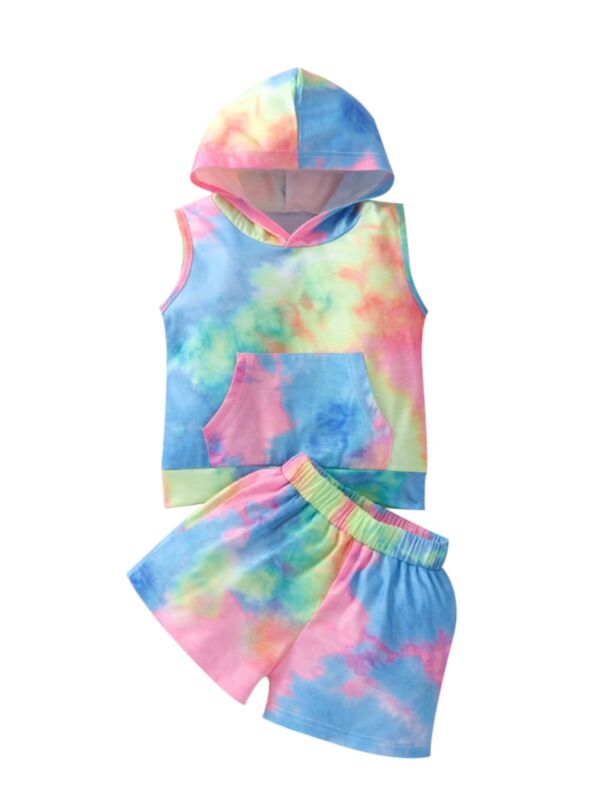 2 Pieces Baby Tie Dye Pocket Sleeveless Hoodie And Shorts Set