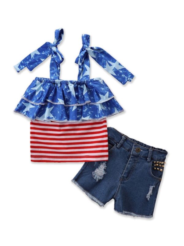 2 Pieces Kid Girl Independence Day Ruffle Trim Stripe Sling Top And Ripped Denim Shorts Set