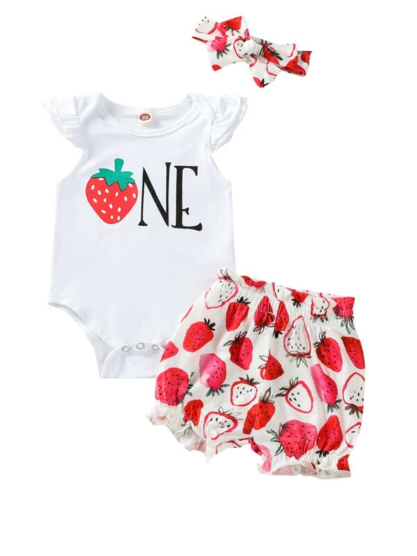 Three Pieces Baby Girl Birthday Ruffle Trim Fruit Print Bodysuit & Paperbag Shorts & Headband Set