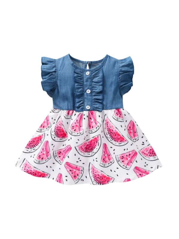 Toddler Girl Bow Front Ruffle Decor Fruit Print Tank  Dress Wholesale Baby Clothing