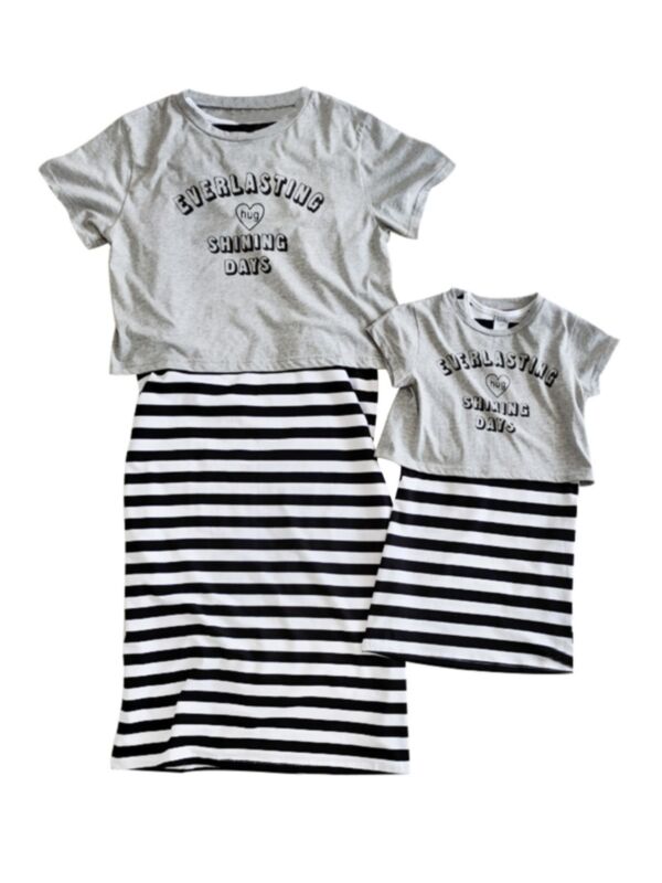 Mom And Me Two Piece Letter Heart Print Tee And Striped Skirt Set Gray