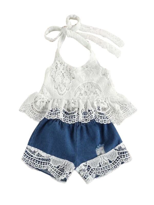 Two Pieces Toddler Girls Sets Lace Halter Neck Top And Denim Shorts 210505936