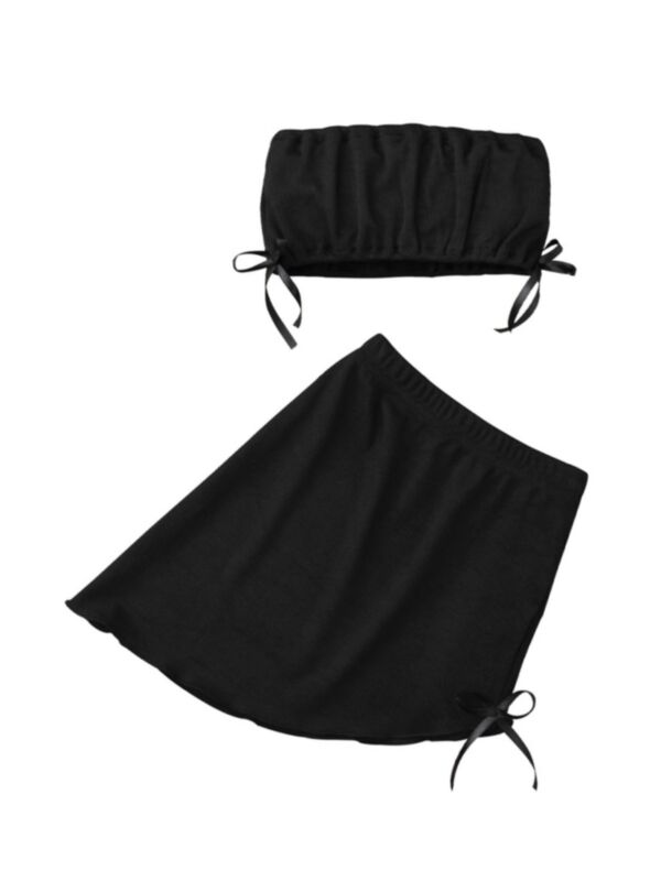 Two Pieces Kid Girl Solid Color Ribbed Tube Top With Skirt  Set Black