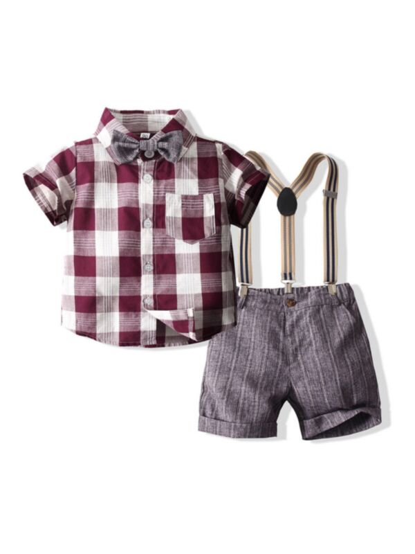 Boy Two-Piece Plaid Top And Overalls Suit Wholesale Boys Sets 210506102