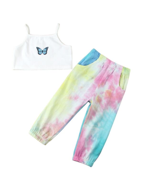 Two Pieces Kid Girl Butterfly Print Crop Cami Top And Tie Dye Trousers Set