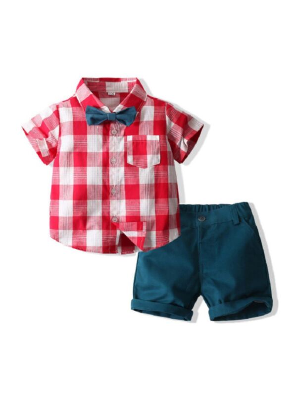 2 Pieces Set Kid Boy Bowtie Check Shirt With Shorts Red