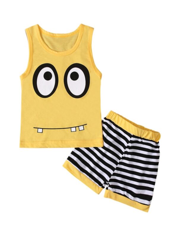 Two-piece Baby Cartoon Tank Top And Stripe Shorts Set