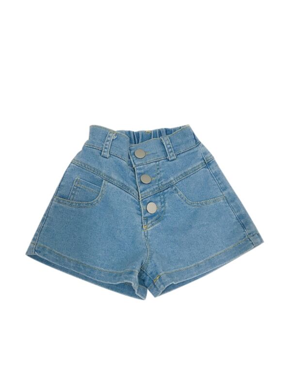 Kid Girl Slant Pockets Button Denim Elastic Waist Shorts