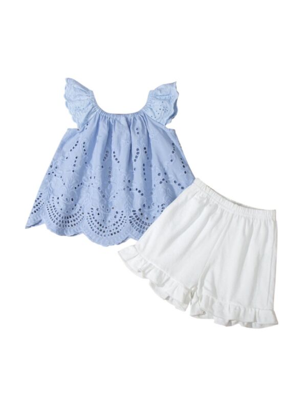 Two Pieces Baby Girl Plain Flutter Sleeve Eyelet Top With Shorts Set Blue
