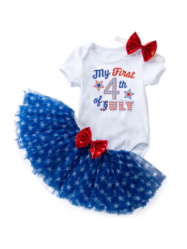 Three Pieces Baby Girl My 1st 4th Of July Set Bodusuit & Star Tutu Dress & Headband