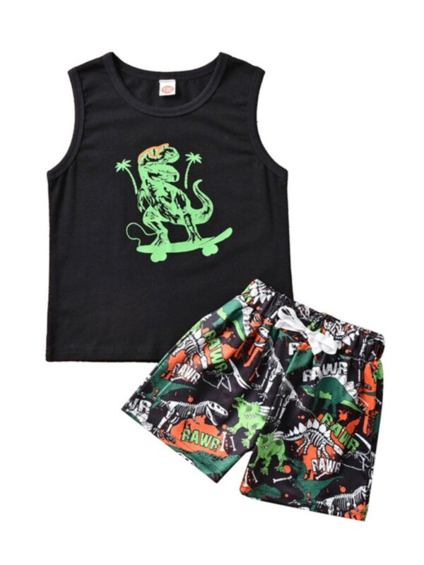 Two Pieces Infant Boy Dinosaur Pattern Tank Top And Shorts Set